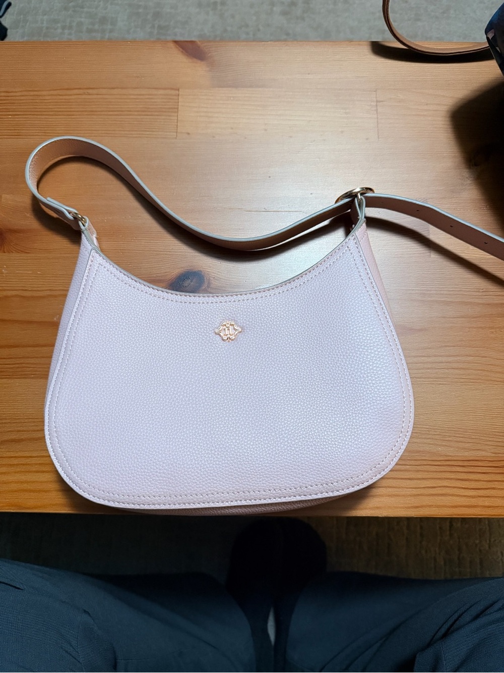 Pebbled Leather Shoulder Bag in Pale Pink with Gold Accent